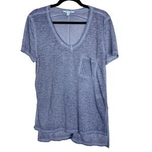 New She + Sky Medium Blue Keeping It Casual Burnout V Neck Short Sleeve Top Tee